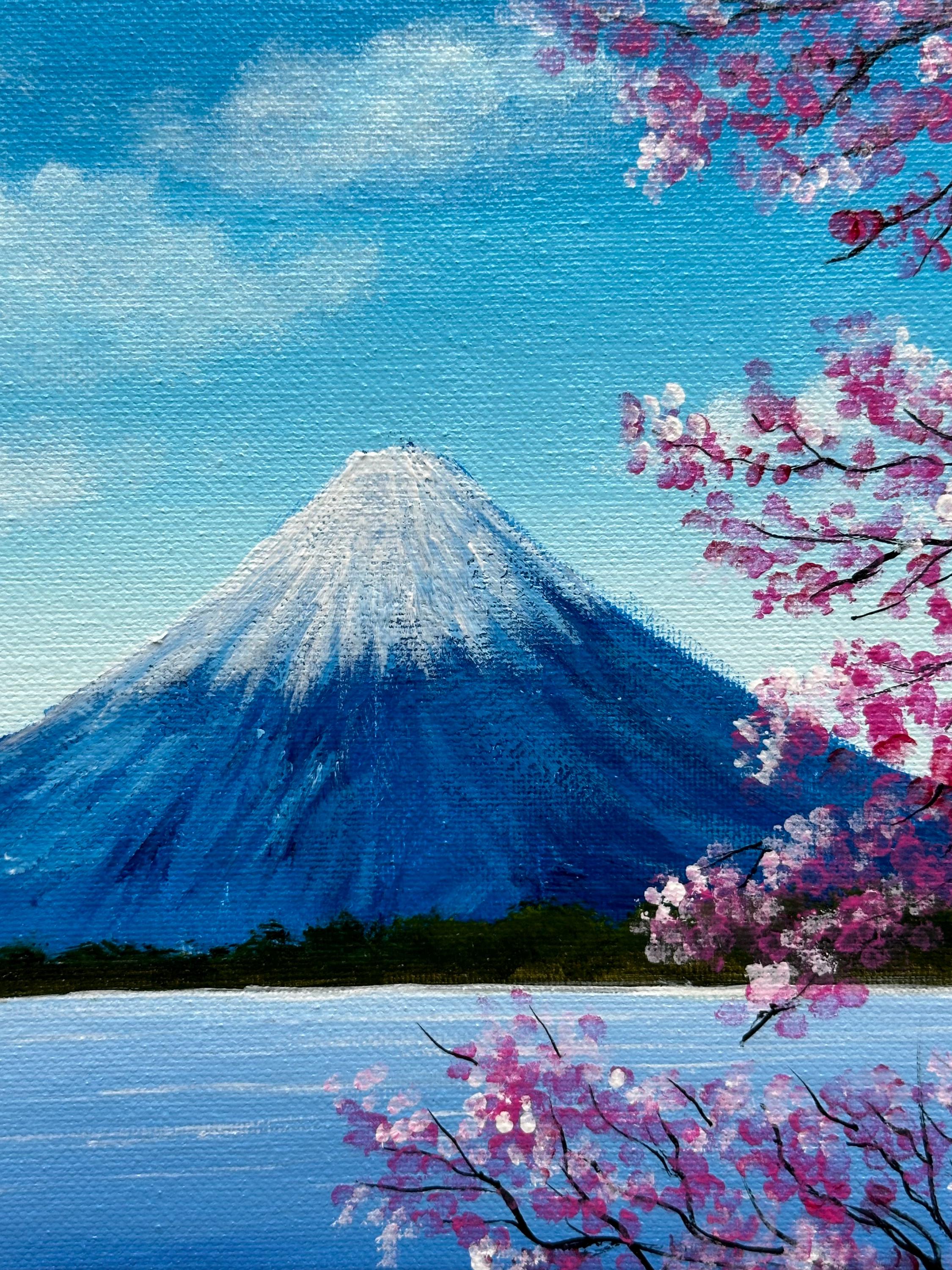 Mt. Fuji Acrylic Painting: Japanese Cherry Blossom Landscape Art