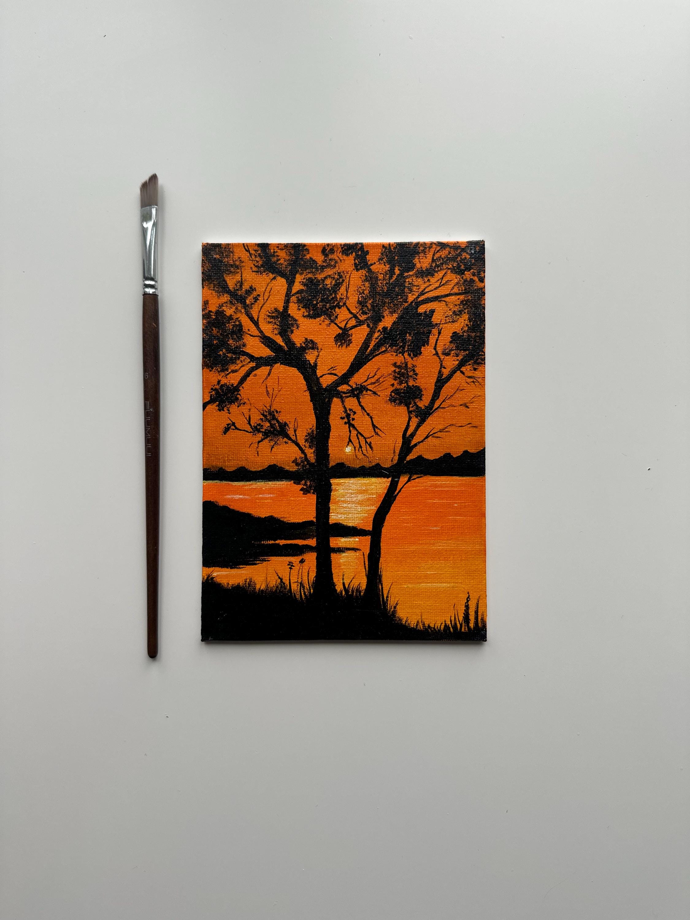 Lakeside Sunset Painting: Original Acrylic Landscape Art, 5x7