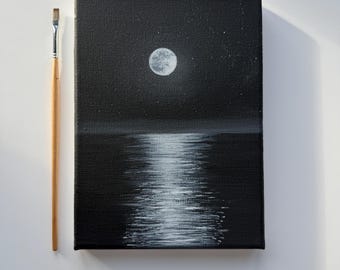 Pintura original Reflejo de la Luna 6x8, Paisaje Marino Minimalista Negro Lienzo Acrílico, Arte de Pared Monocromo