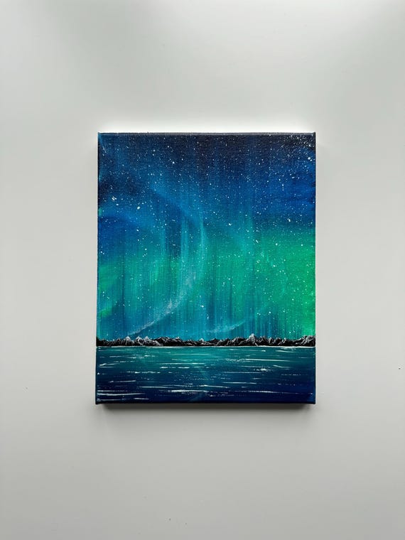 Emerald Aurora Acrylic Painting: Arctic Northern Lights Landscape