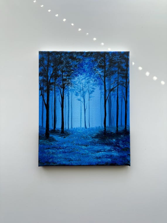 Mystic Blue Forest Glow – Original Acrylic Painting, 8×10 Inch on