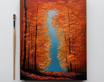 Hacia la luz ámbar / Pintura original de bosque otoñal 8x10