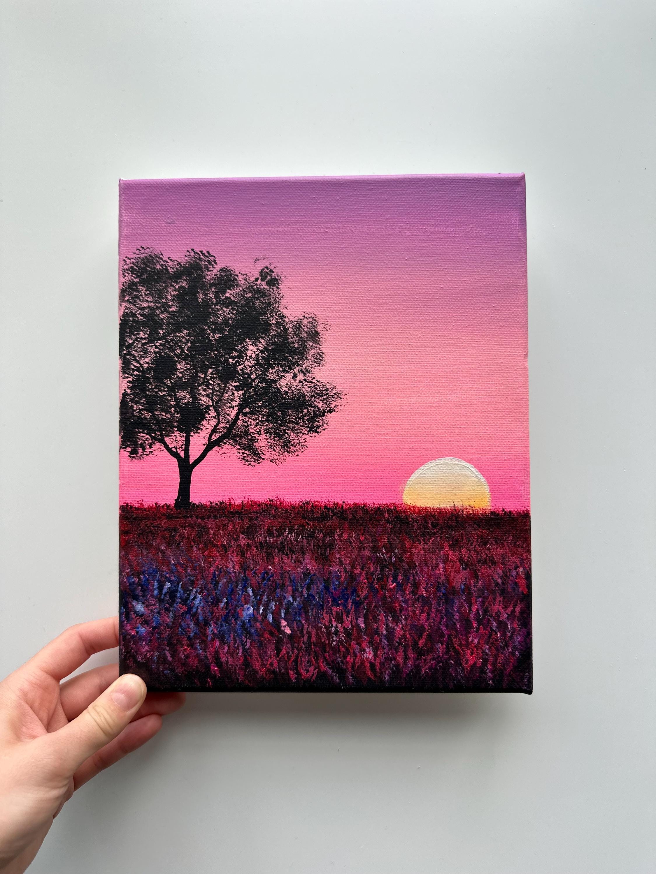 ピンクの夕焼けの草原 – 8x10 オリジナルアクリル画、木のシルエットの