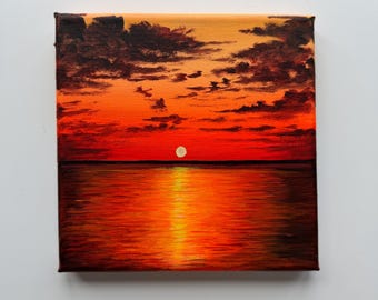 Pintura acrílica original de atardecer sobre el océano, 6x6 pulgadas, sobre lienzo con paisaje marino en tonos rojos y naranjas.