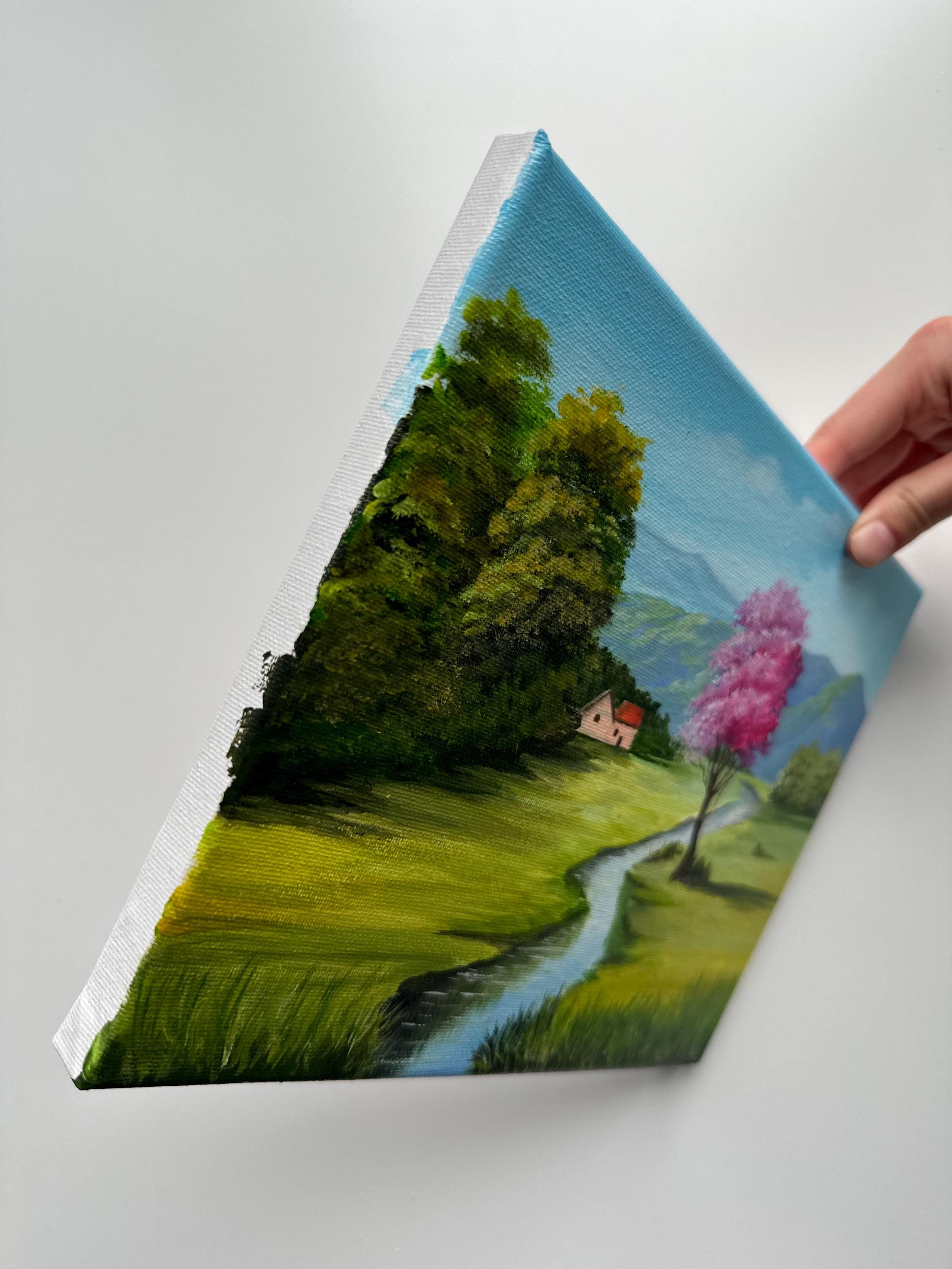 Spring Valley With Pink Tree – Original Acrylic Painting, 10×8