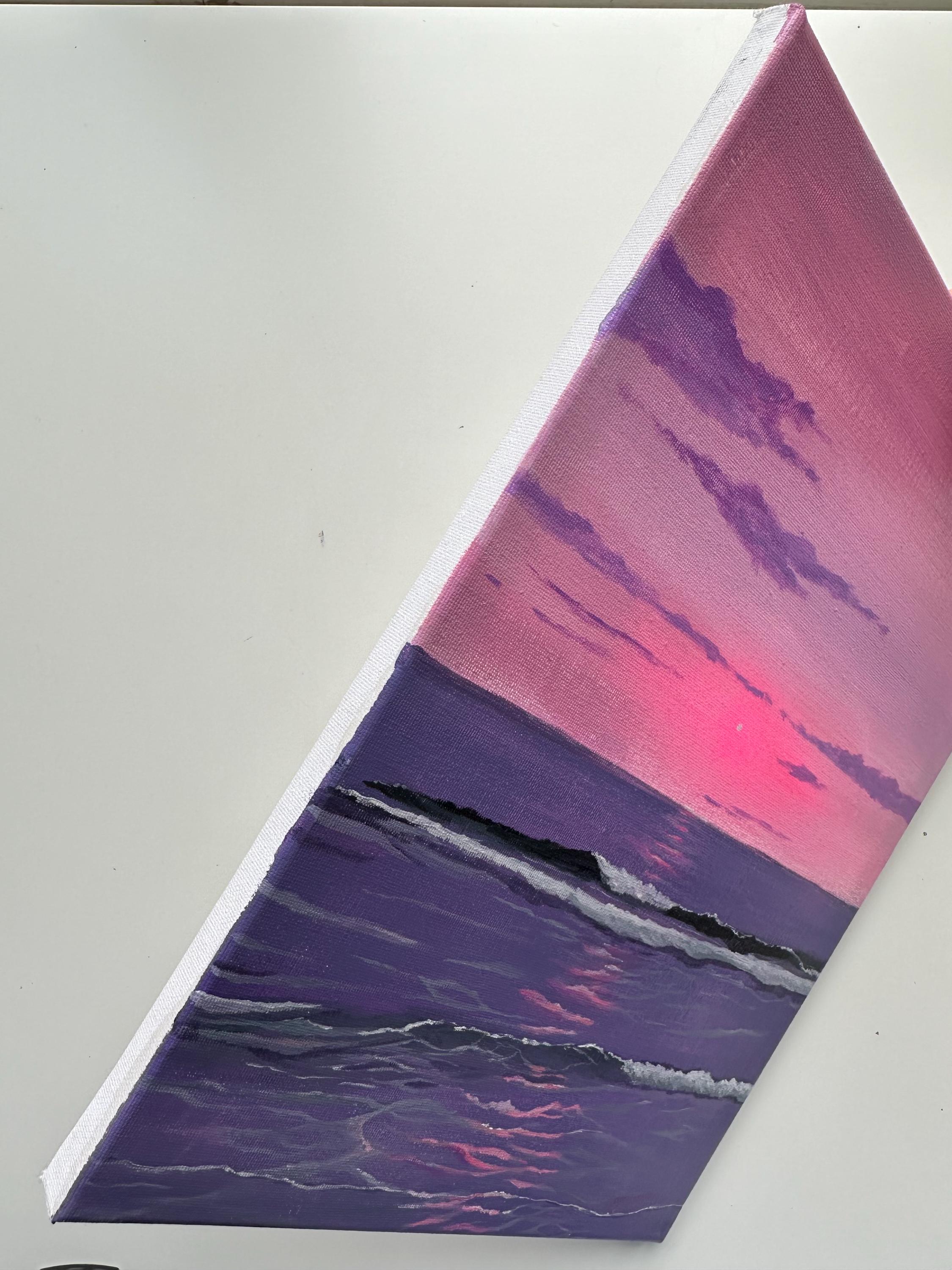 Original Pink Purple Ocean Sunset Painting, 11x14 Stretched Canvas