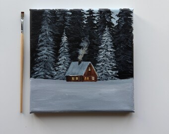 Cuadro original en acrílico de una cabaña de invierno de 8x8 pulgadas, arte de bosque nevado, decoración acogedora para la pared.