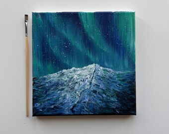 Pintura original de la Aurora Boreal 8x8, Arte de montaña de las luces del norte, Pequeño paisaje acrílico sobre lienzo