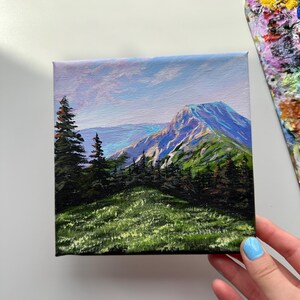 Snowy Mountain Valley Painting: Original Acrylic Art on 6&quot; Canvas