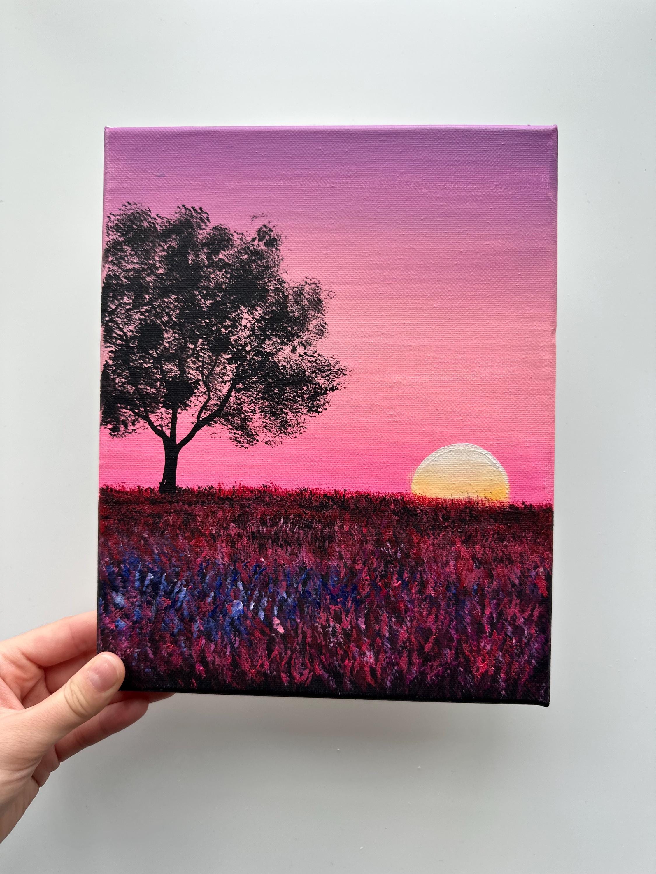 ピンクの夕焼けの草原 – 8x10 オリジナルアクリル画、木のシルエットの