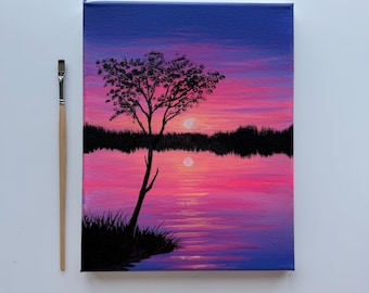 Reflejo del crepúsculo / Pintura original del lago al atardecer 8x10