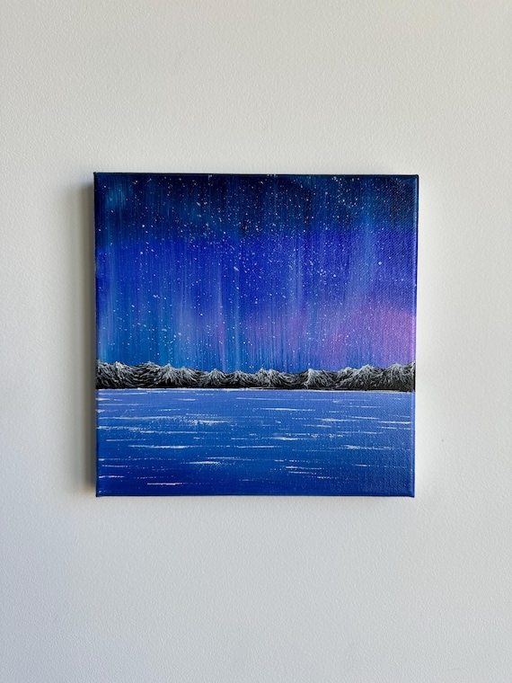 Original Aurora Acrylic Painting: Mountain & Sea Landscape, 8x8
