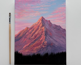 Alpenglow Peak, pintura acrílica original de montaña de 8x10 pulgadas.