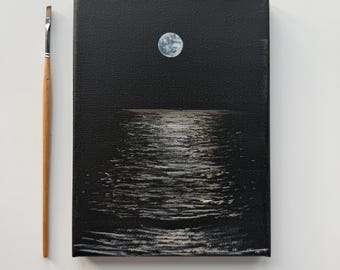 Pintura original de reflejo lunar de 6x8, paisaje marino minimalista sobre lienzo acrílico, arte de pared en blanco y negro.
