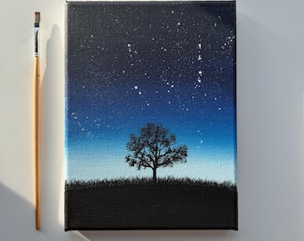 Cuadro original de árbol nocturno de 6x8 pulgadas, lienzo acrílico con cielo azul, arte mural de paisaje estrellado.