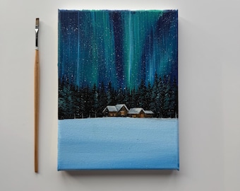 Pintura original de Aurora de invierno de 6x8, Cabaña nevada en lienzo acrílico, Arte de pared de auroras boreales