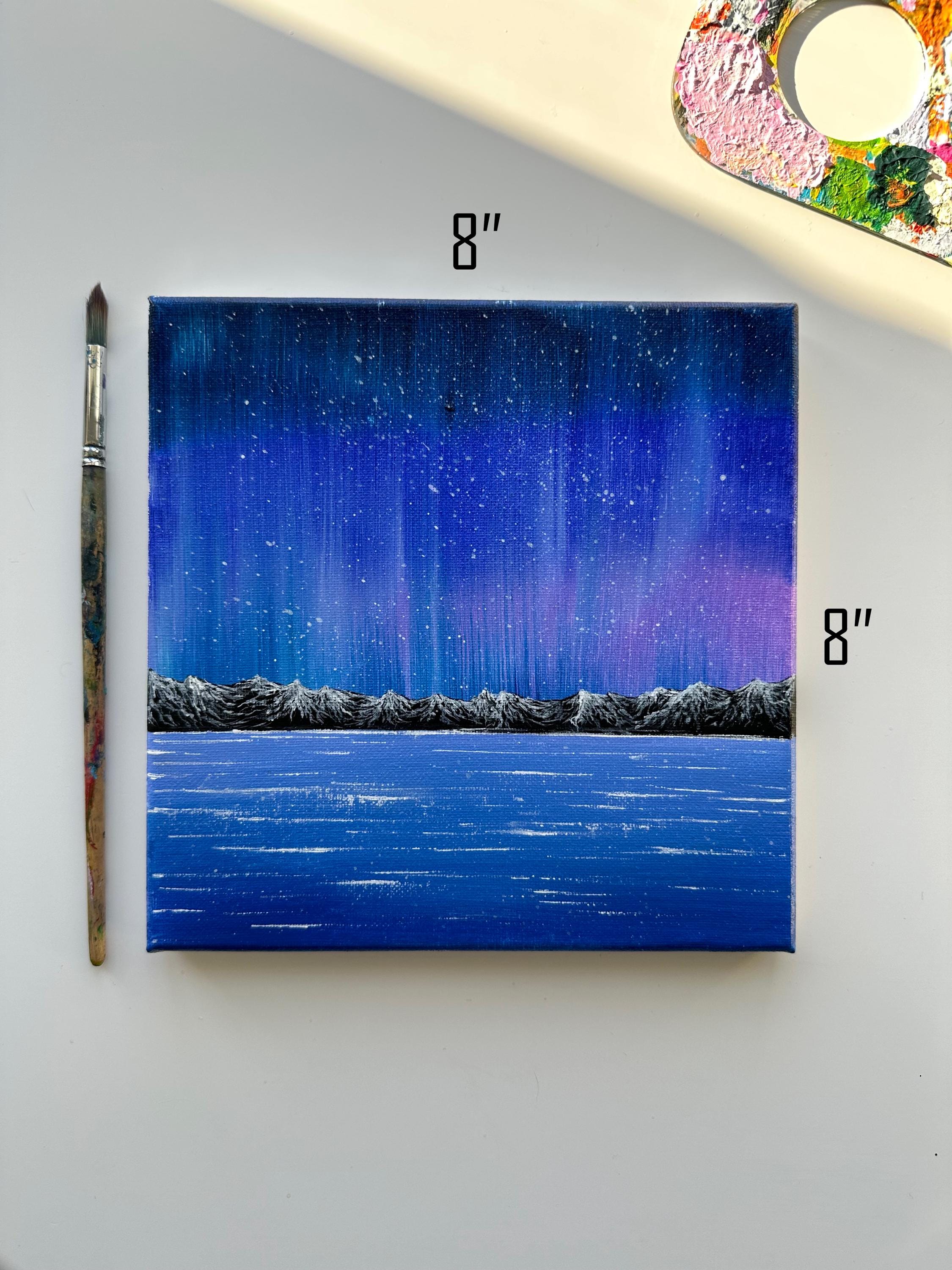 Original Aurora Acrylic Painting: Mountain & Sea Landscape, 8x8