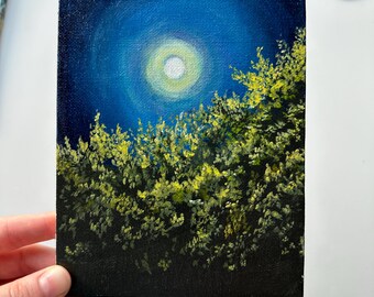 Moonlight Painting: Original Acrylic Night Landscape, 5x7 Canvas