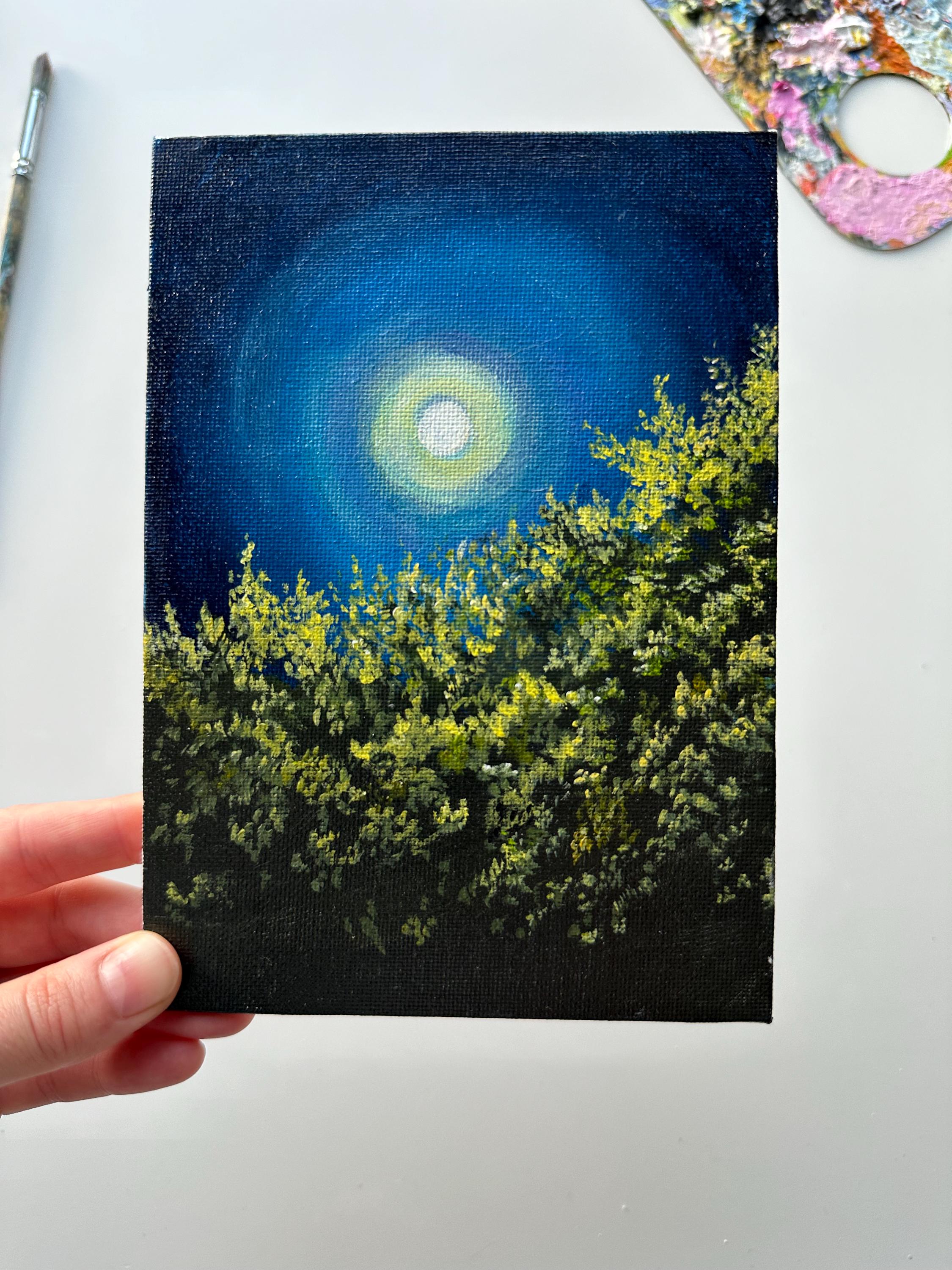Moonlight Painting: Original Acrylic Night Landscape, 5x7 Canvas