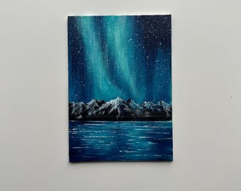 Pintura de la Aurora Boreal: Arte paisajístico acrílico original, 5x7