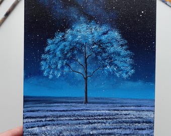 オリジナルの星空の夜の木の絵画：8x10 アクリル風景画 - Etsy 日本