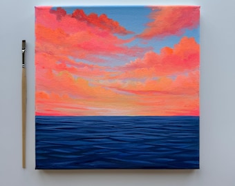 Calma de coral / Pintura original de puesta de sol sobre el océano 10x10