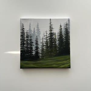 Misty Pine Forest Hills – Original Acrylic Painting, 8×8 inch on Canvas