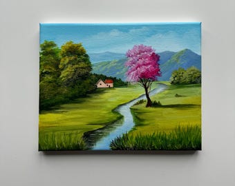 Spring Valley With Pink Tree – Original Acrylic Painting, 10×8