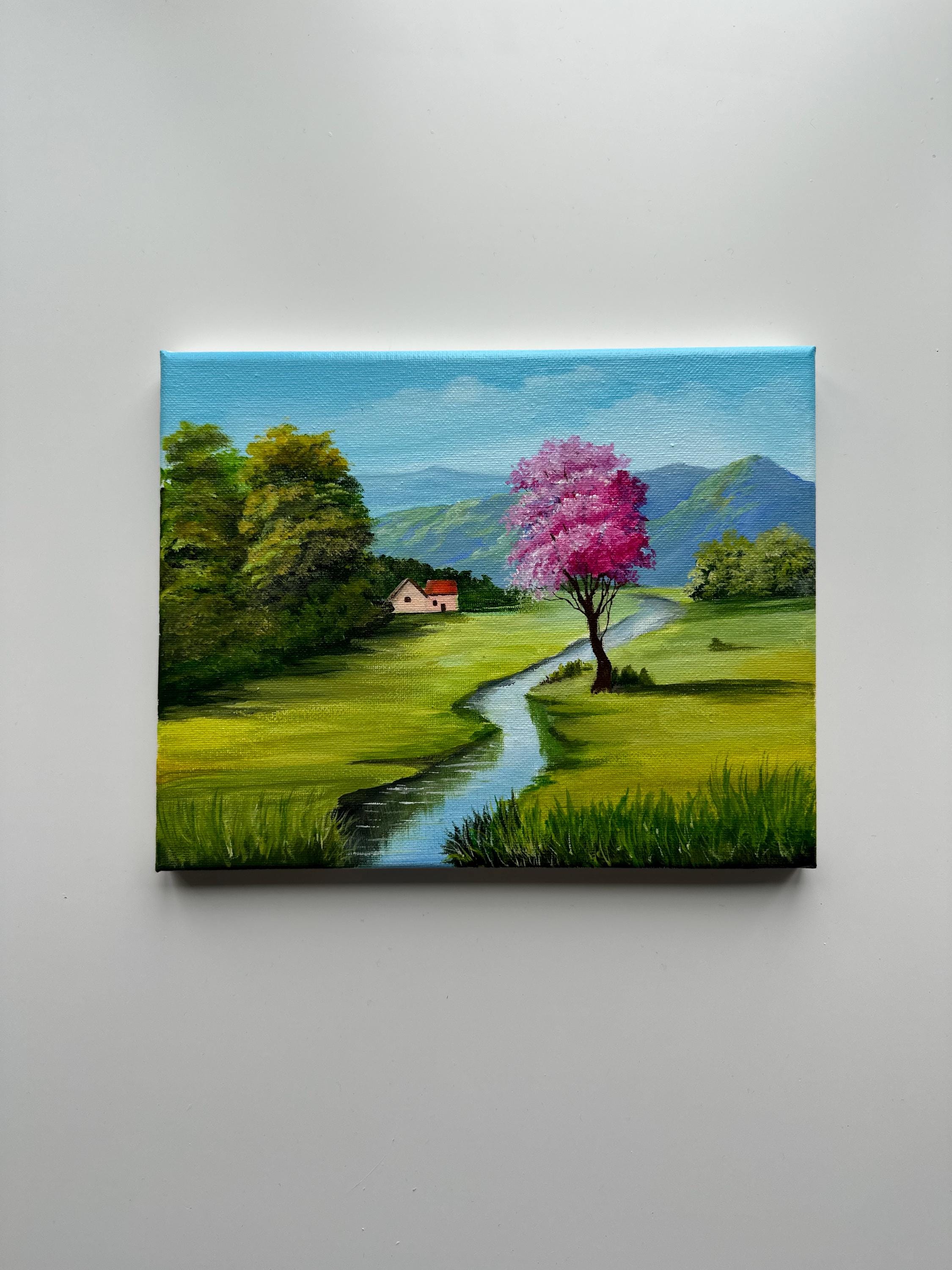 Spring Valley With Pink Tree – Original Acrylic Painting, 10×8