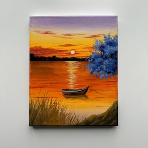 Original Acrylic Lake Painting: Golden Sunset, Tranquil Boat Scene (8x10 Canvas)