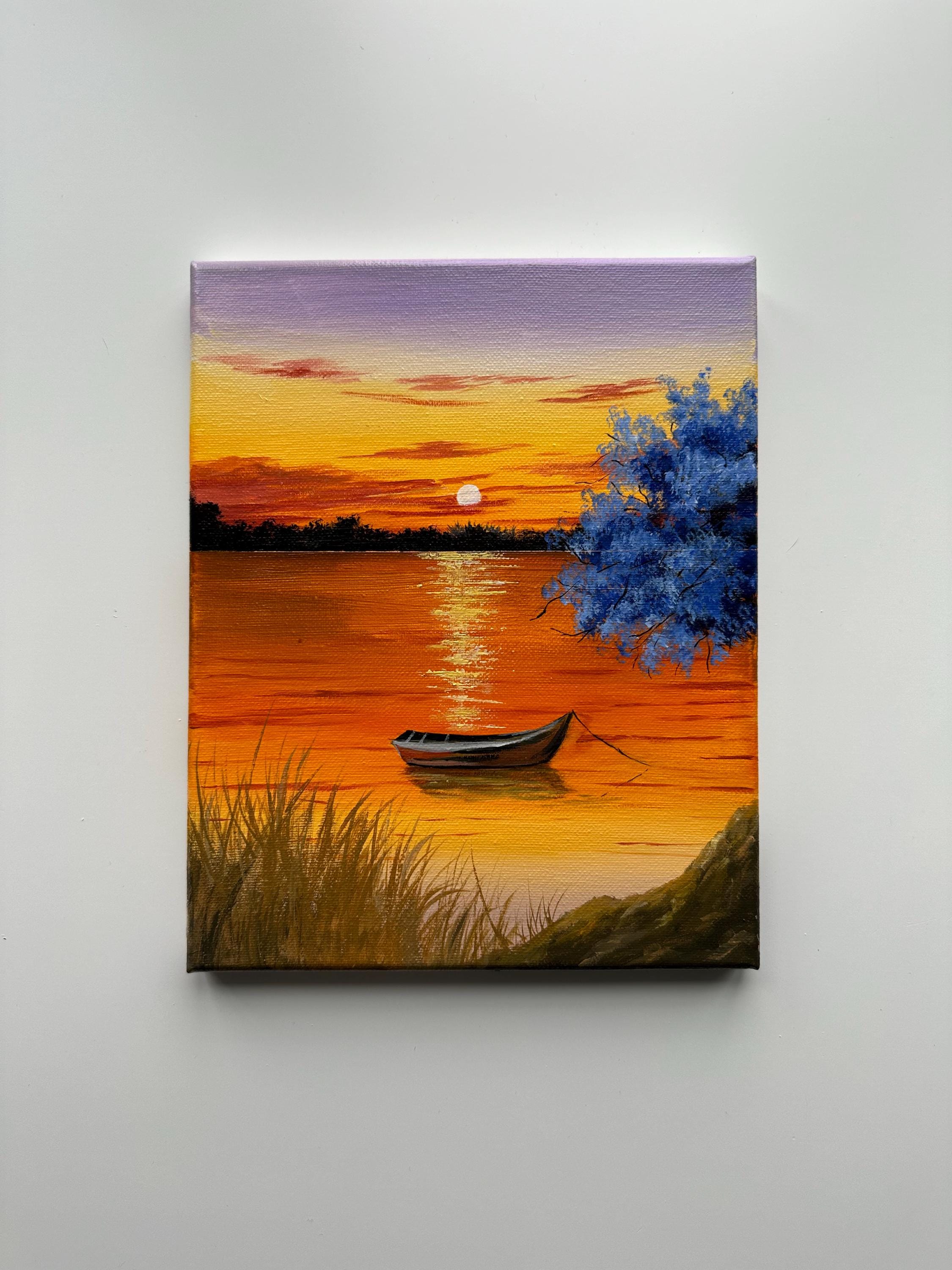 Original Acrylic Lake Painting: Golden Sunset, Tranquil Boat Scene