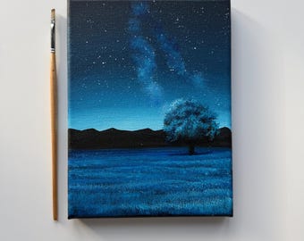 Cuadro de paisaje de la Vía Láctea de 6x8 pulgadas, lienzo acrílico de cielo nocturno azul, arte de pared de campo estrellado.