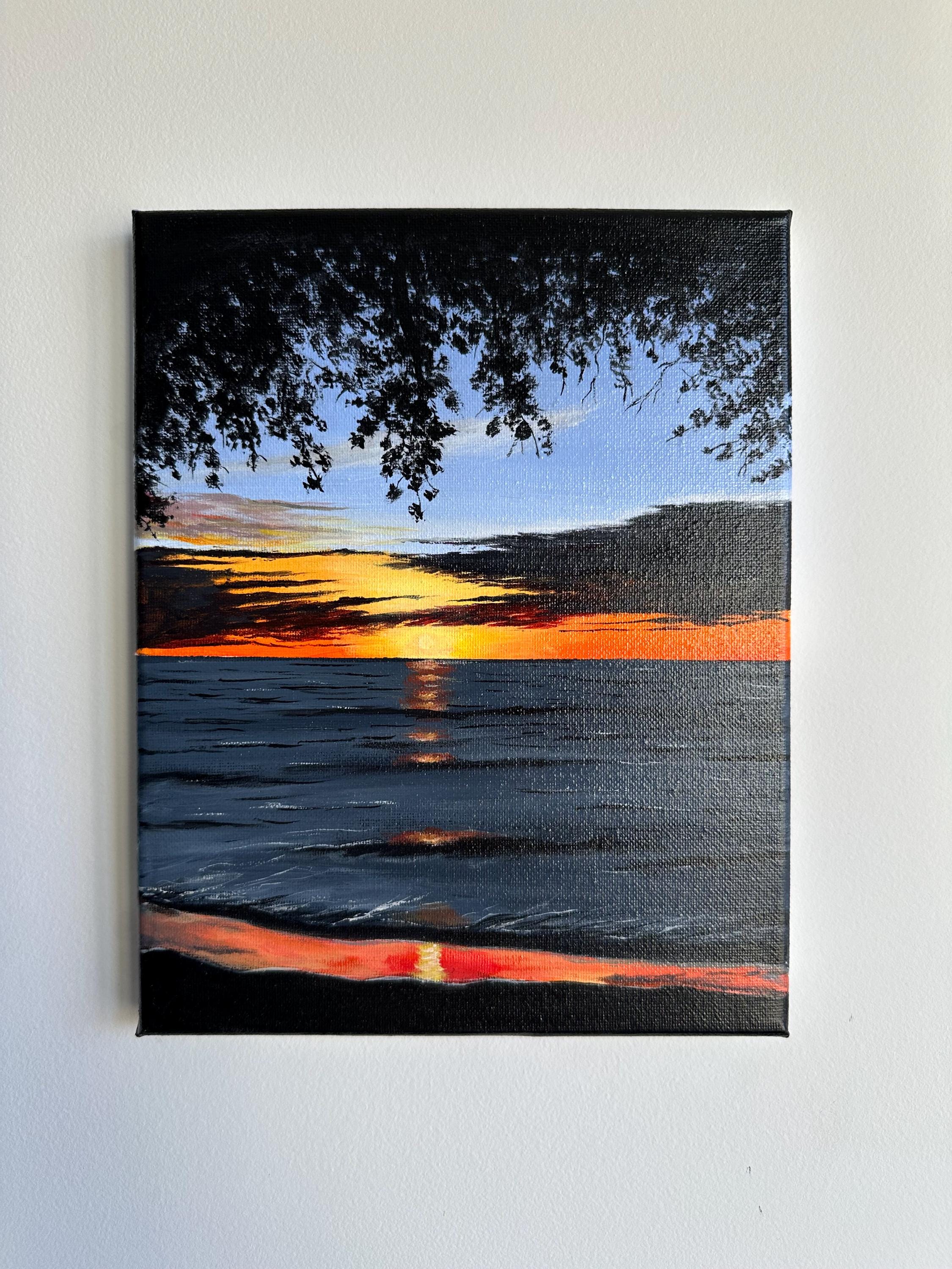 穏やかな夕焼けの海の絵画：オリジナルアクリルアート（8x10） - Etsy 日本