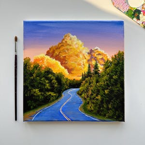 10&quot; x 10&quot; Original Acrylic Painting on Canvas: Golden Clouds and Serene Road | Peaceful Nature Landscape Artwork