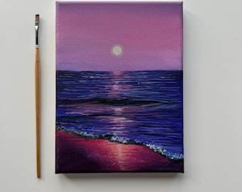 Pintura original de playa rosa de 6x8 pulgadas, océano iluminado por la luna, lienzo acrílico, arte mural de paisaje marino.
