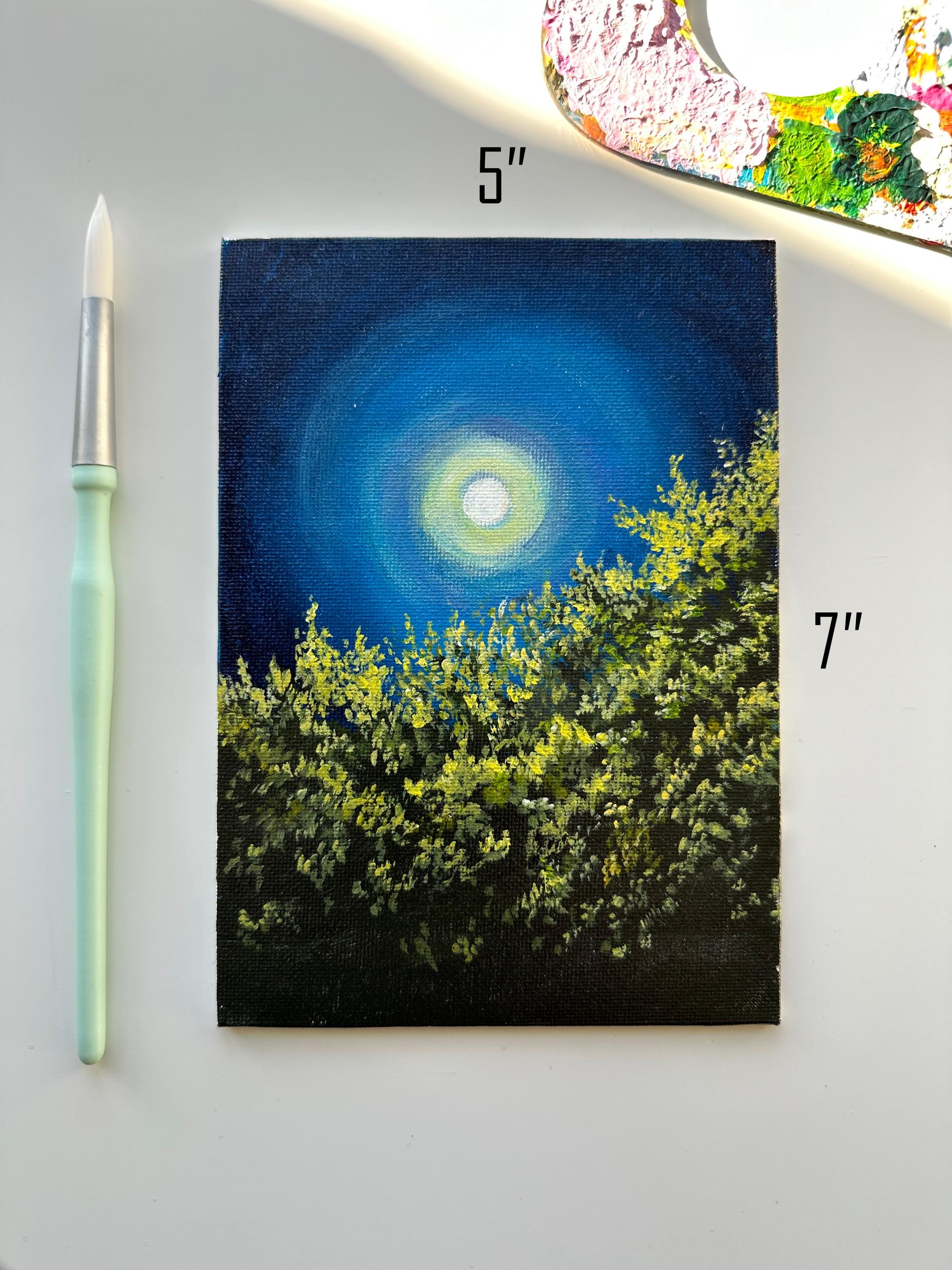 Moonlight Painting: Original Acrylic Night Landscape, 5x7 Canvas