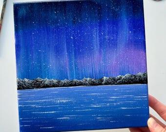 Original Aurora Acrylic Painting: Mountain & Sea Landscape, 8x8