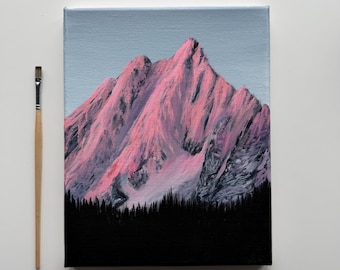 Pintura original de la Montaña Rosa, lienzo de 8x10 pulgadas.