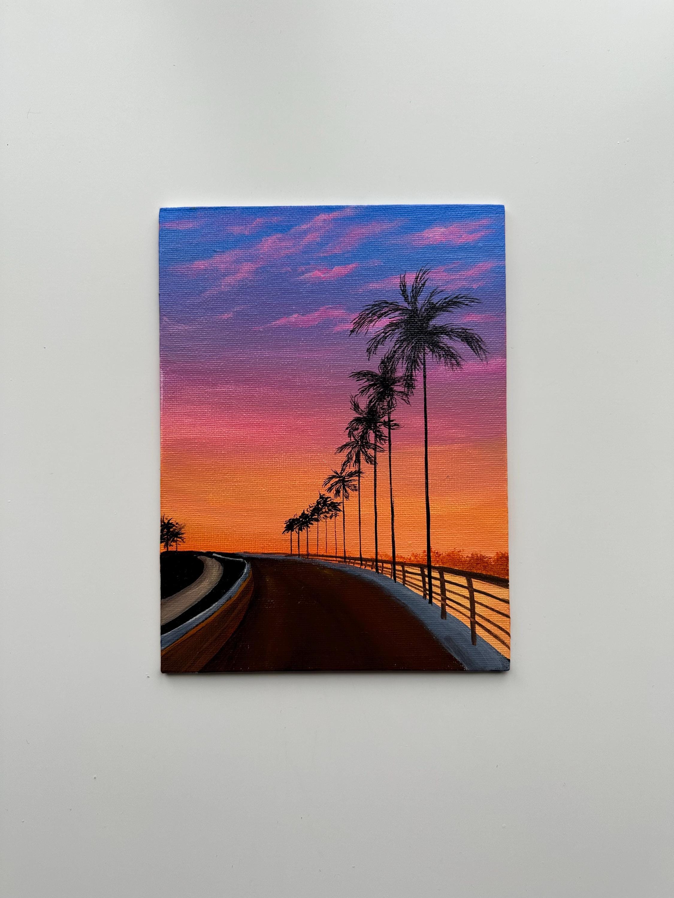 Sunset Palms - 6x8” Original Acrylic Painting | Tropical Road Wall