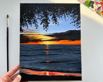 穏やかな夕焼けの海の絵画：オリジナルアクリルアート（8x10） - Etsy 日本