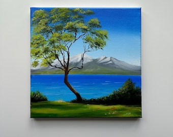 Kustgezicht met boom – Origineel 10 x 10 acrylschilderij zeegezicht