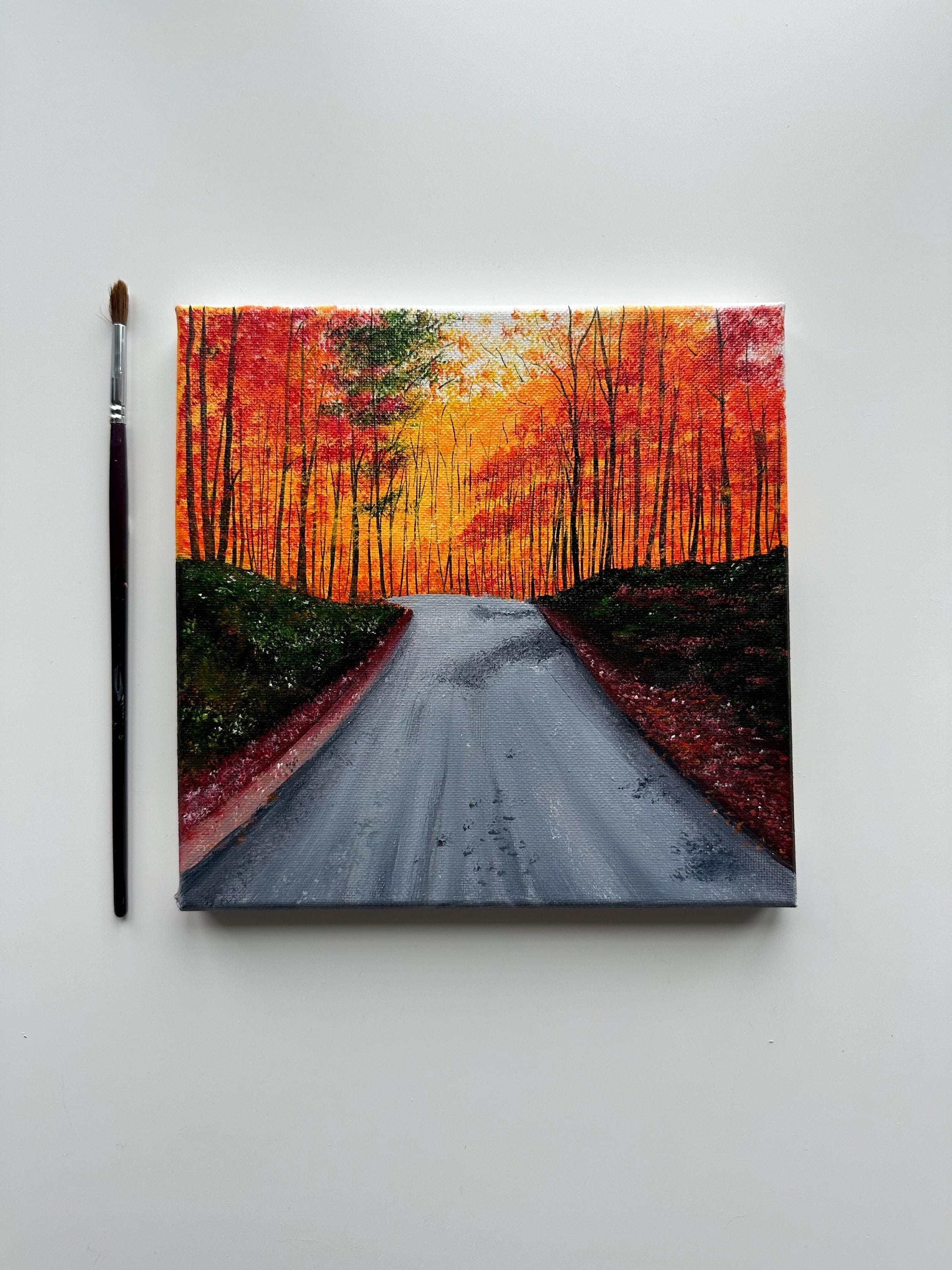 Autumn Road Painting: Original Acrylic Fall Forest Landscape, 8x8