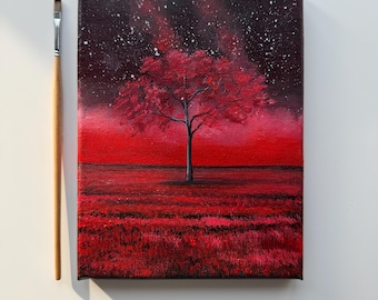 Cuadro original de un árbol rojo de 6x8 pulgadas, arte mural de paisaje melancólico, lienzo de naturaleza fantástica.
