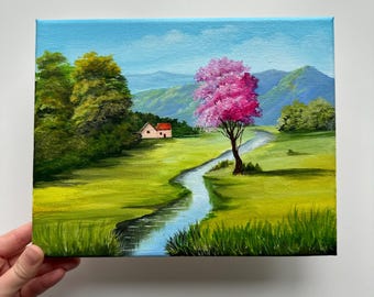 Spring Valley With Pink Tree – Original Acrylic Painting, 10×8