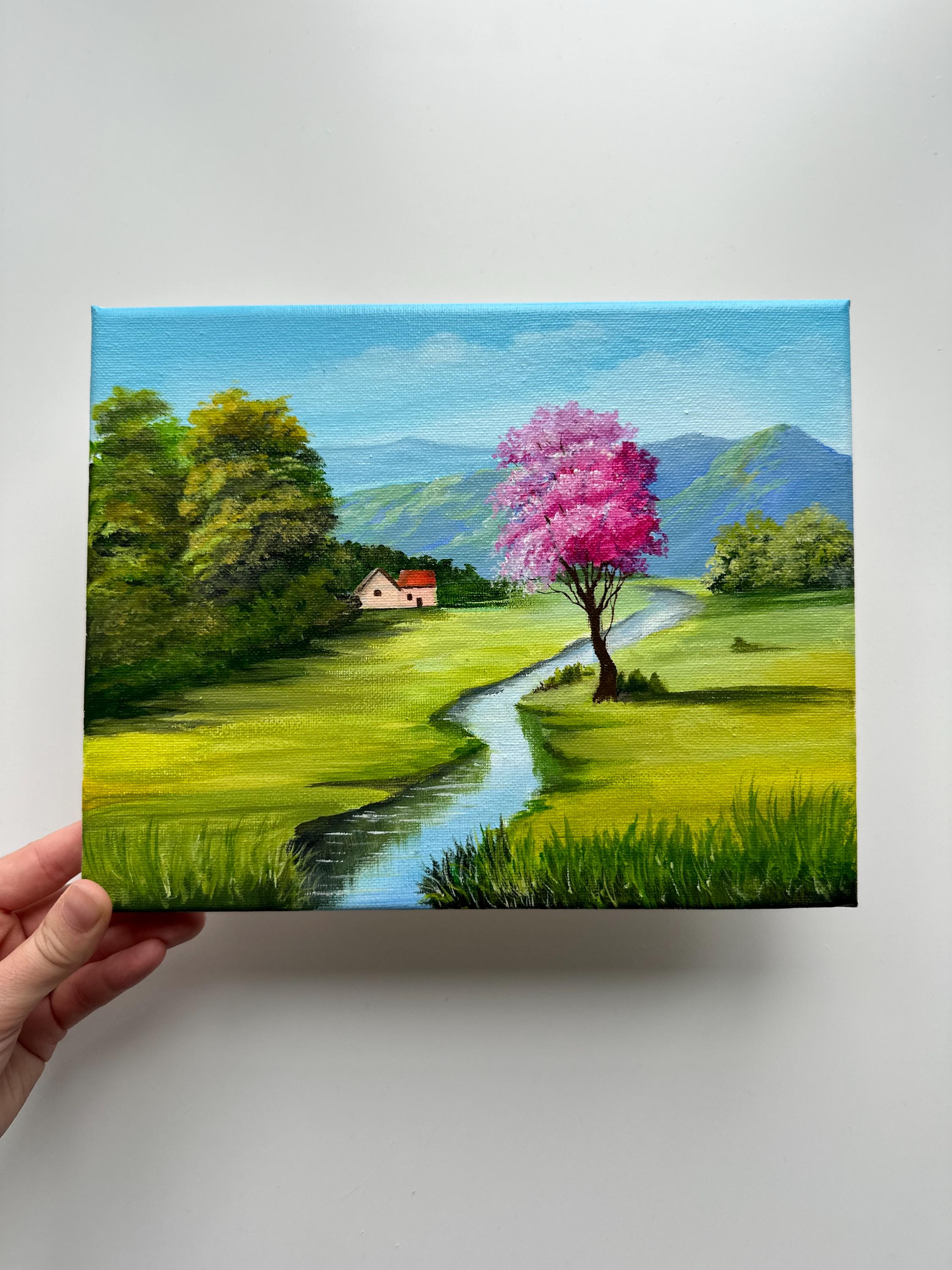 Spring Valley With Pink Tree – Original Acrylic Painting, 10×8