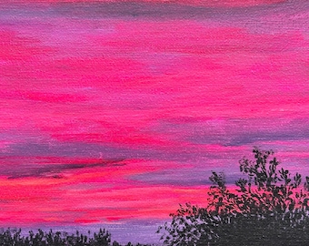 オリジナルピンクの夕焼け絵画 – 8x10 夕暮れの空の壁アート