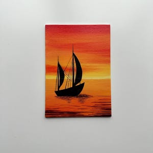 Golden Sailboat Sunset - 5x7” Original Acrylic Painting | Nautical Sunset Wall Art