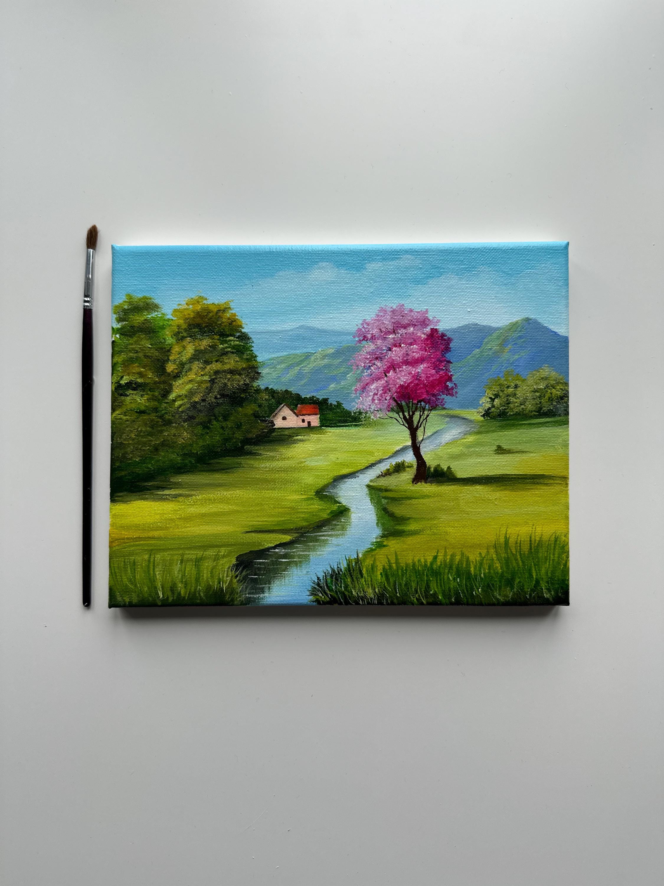Spring Valley With Pink Tree – Original Acrylic Painting, 10×8