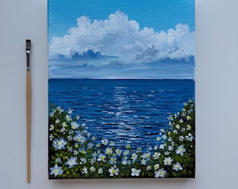 Costa de Flores Azules / Pintura original del océano 8x10