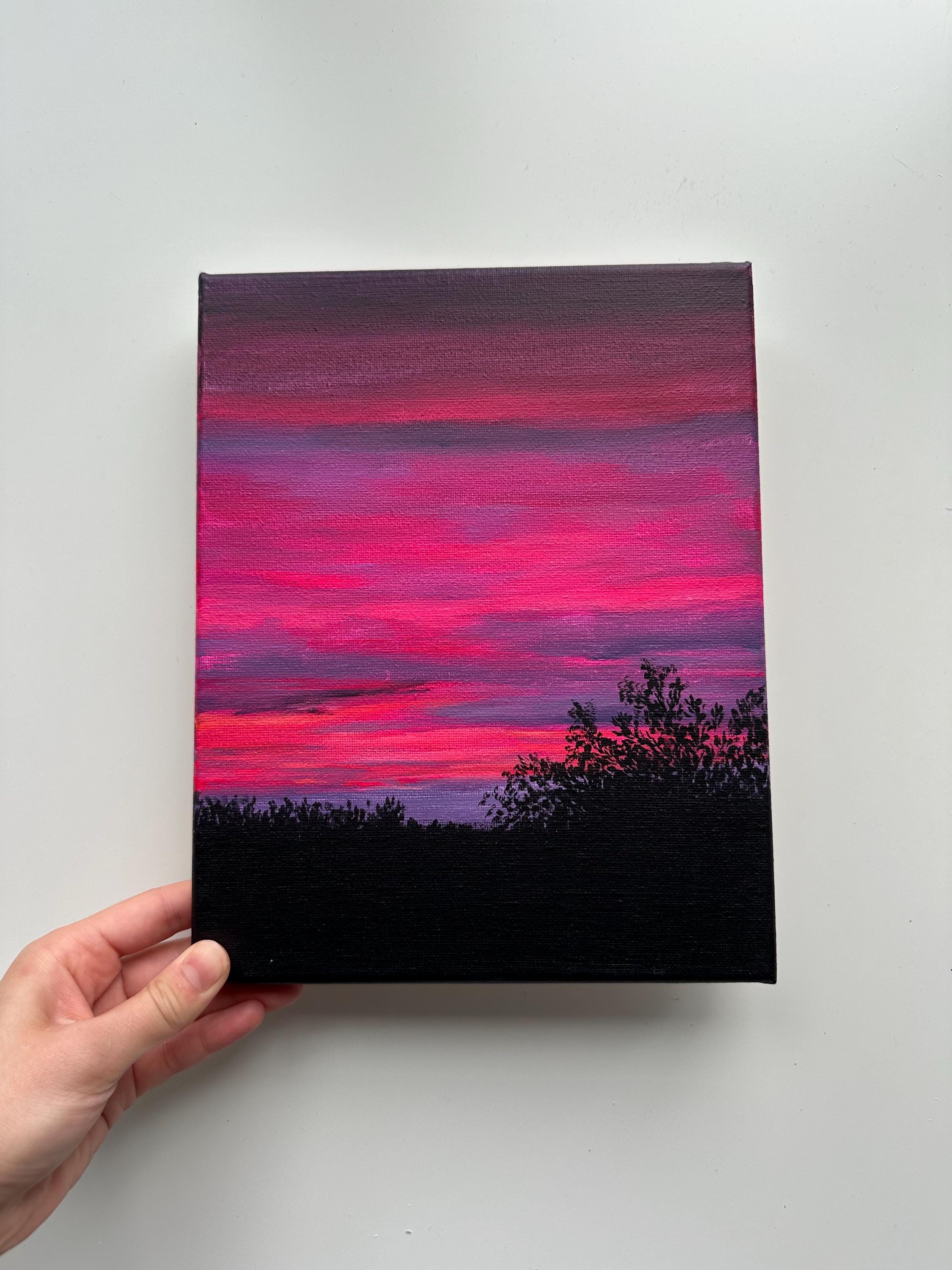 オリジナルピンクの夕焼け絵画 – 8x10 夕暮れの空の壁アート
